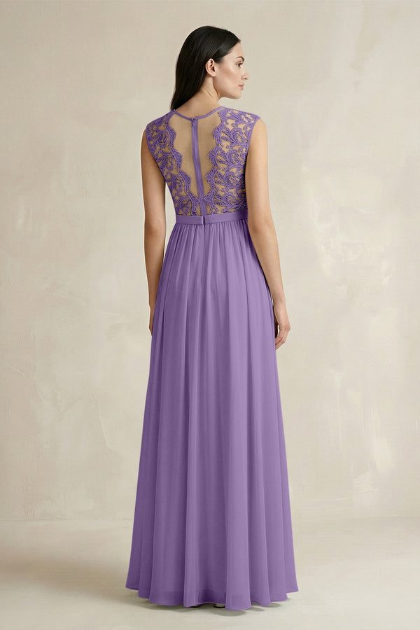 Lace Chiffon A - Line Round Neck Bridesmaid Dress in Tahiti - KissProm Bridesmaid Dresses