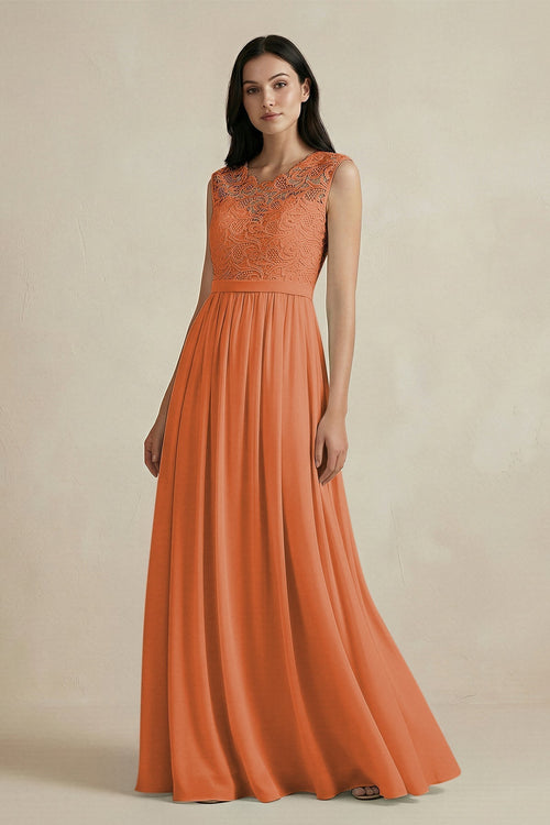 Lace Chiffon A - Line Round Neck Bridesmaid Dress in Terracotta - KissProm Bridesmaid Dresses