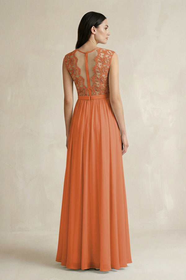 Lace Chiffon A - Line Round Neck Bridesmaid Dress in Terracotta - KissProm Bridesmaid Dresses