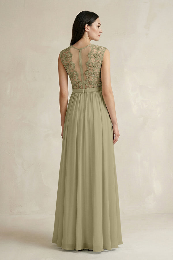 Lace Chiffon A - Line Round Neck Bridesmaid Dress in Thyme - KissProm Bridesmaid Dresses