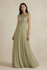 Lace Chiffon A - Line Round Neck Bridesmaid Dress in Thyme - KissProm Bridesmaid Dresses