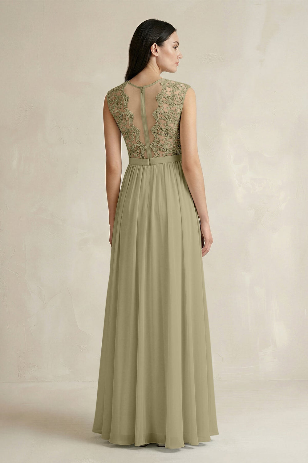 Lace Chiffon A - Line Round Neck Bridesmaid Dress in Thyme - KissProm Bridesmaid Dresses