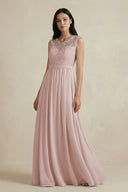 Lace Chiffon A - Line Round Neck Bridesmaid Dress in Toffee - KissProm Bridesmaid Dresses