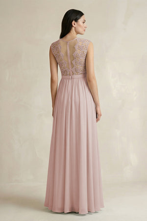 Lace Chiffon A - Line Round Neck Bridesmaid Dress in Toffee - KissProm Bridesmaid Dresses