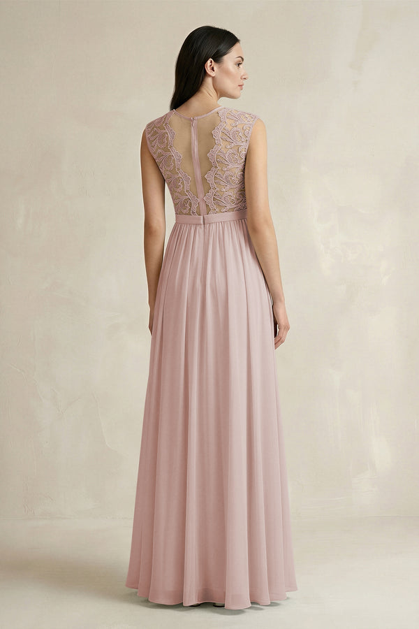 Lace Chiffon A - Line Round Neck Bridesmaid Dress in Toffee - KissProm Bridesmaid Dresses