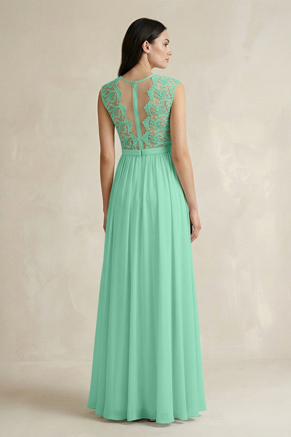 Lace Chiffon A - Line Round Neck Bridesmaid Dress in Turquoise - KissProm Bridesmaid Dresses