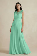 Lace Chiffon A - Line Round Neck Bridesmaid Dress in Turquoise - KissProm Bridesmaid Dresses