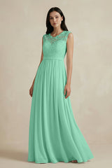 Lace Chiffon A - Line Round Neck Bridesmaid Dress in Turquoise - KissProm Bridesmaid Dresses