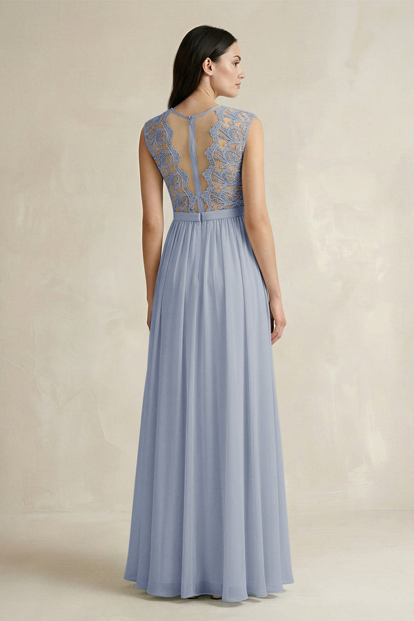 Lace Chiffon A - Line Round Neck Bridesmaid Dress in Twilight - KissProm Bridesmaid Dresses