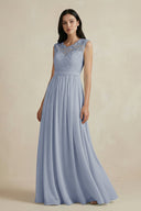 Lace Chiffon A - Line Round Neck Bridesmaid Dress in Twilight - KissProm Bridesmaid Dresses