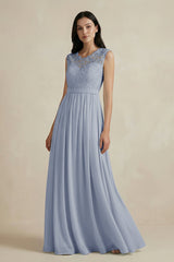 Lace Chiffon A - Line Round Neck Bridesmaid Dress in Twilight - KissProm Bridesmaid Dresses