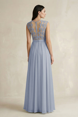 Lace Chiffon A - Line Round Neck Bridesmaid Dress in Twilight - KissProm Bridesmaid Dresses