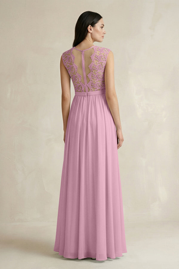 Lace Chiffon A - Line Round Neck Bridesmaid Dress in Vintage Mauve - KissProm Bridesmaid Dresses