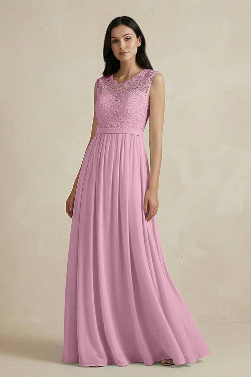 Lace Chiffon A - Line Round Neck Bridesmaid Dress in Vintage Mauve - KissProm Bridesmaid Dresses