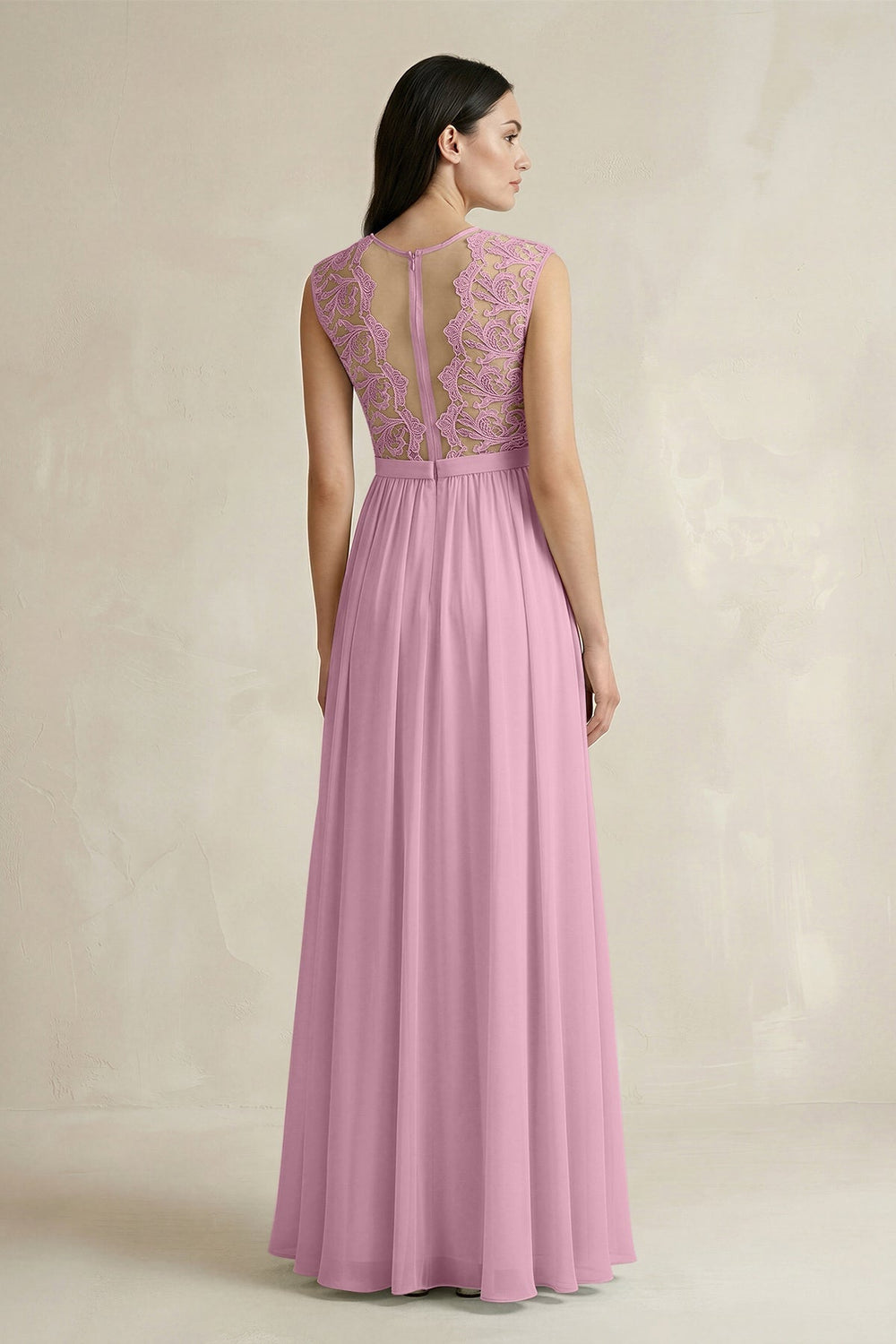 Lace Chiffon A - Line Round Neck Bridesmaid Dress in Vintage Mauve - KissProm Bridesmaid Dresses