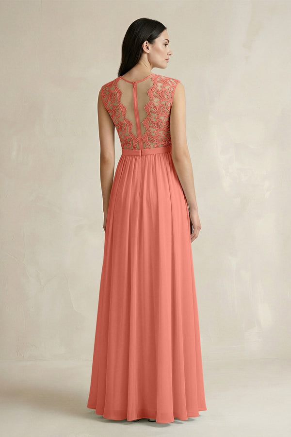 Lace Chiffon A - Line Round Neck Bridesmaid Dress in Wild Rose - KissProm Bridesmaid Dresses