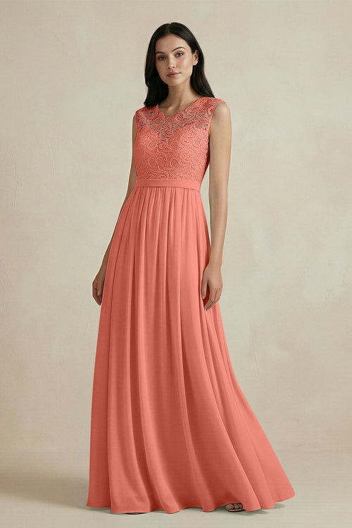 Lace Chiffon A - Line Round Neck Bridesmaid Dress in Wild Rose - KissProm Bridesmaid Dresses