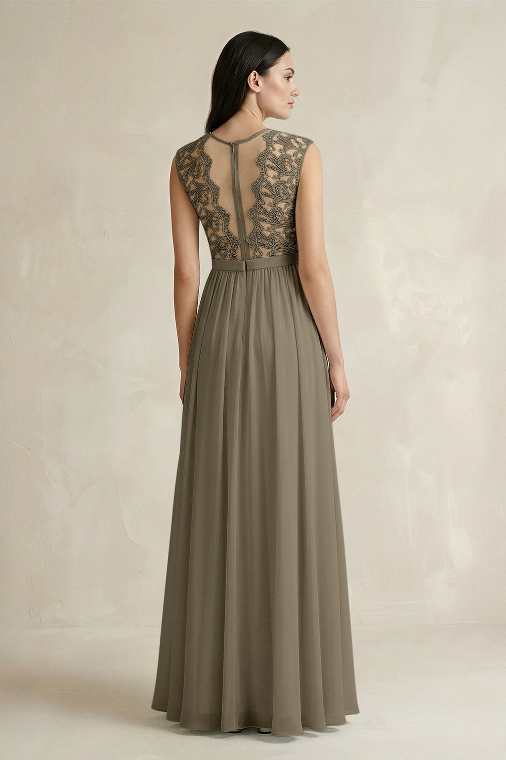 Lace Chiffon A - Line Round Neck Bridesmaid Dress in Willow Green - KissProm Bridesmaid Dresses