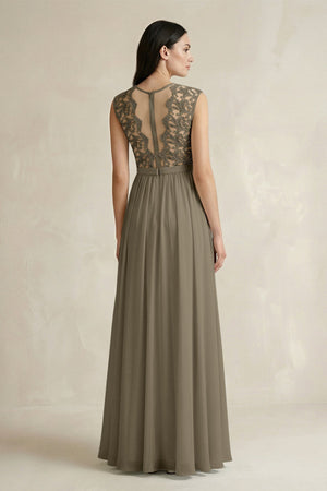 Lace Chiffon A - Line Round Neck Bridesmaid Dress in Willow Green - KissProm Bridesmaid Dresses