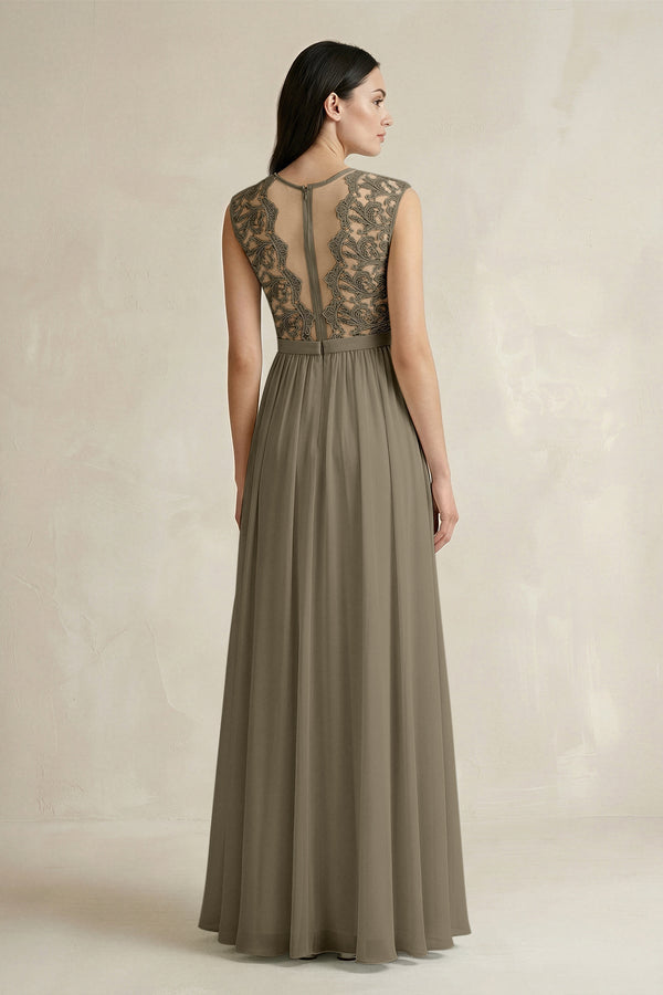 Lace Chiffon A - Line Round Neck Bridesmaid Dress in Willow Green - KissProm Bridesmaid Dresses