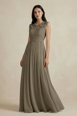 Lace Chiffon A - Line Round Neck Bridesmaid Dress in Willow Green - KissProm Bridesmaid Dresses
