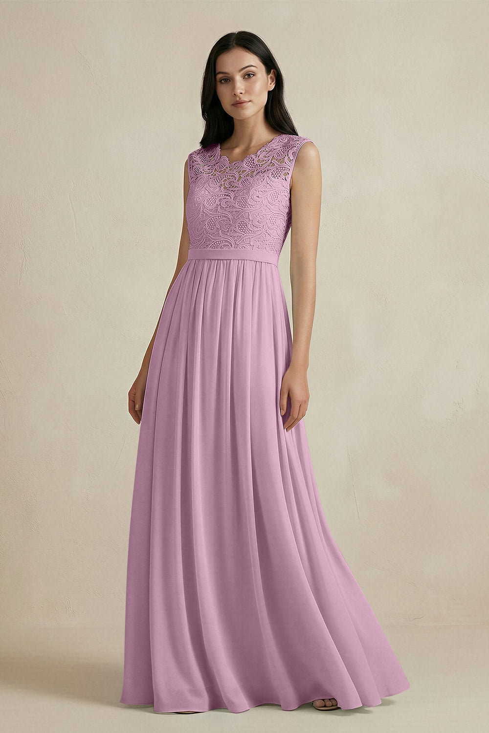 Lace Chiffon A - Line Round Neck Bridesmaid Dress in Wisteria - KissProm Bridesmaid Dresses