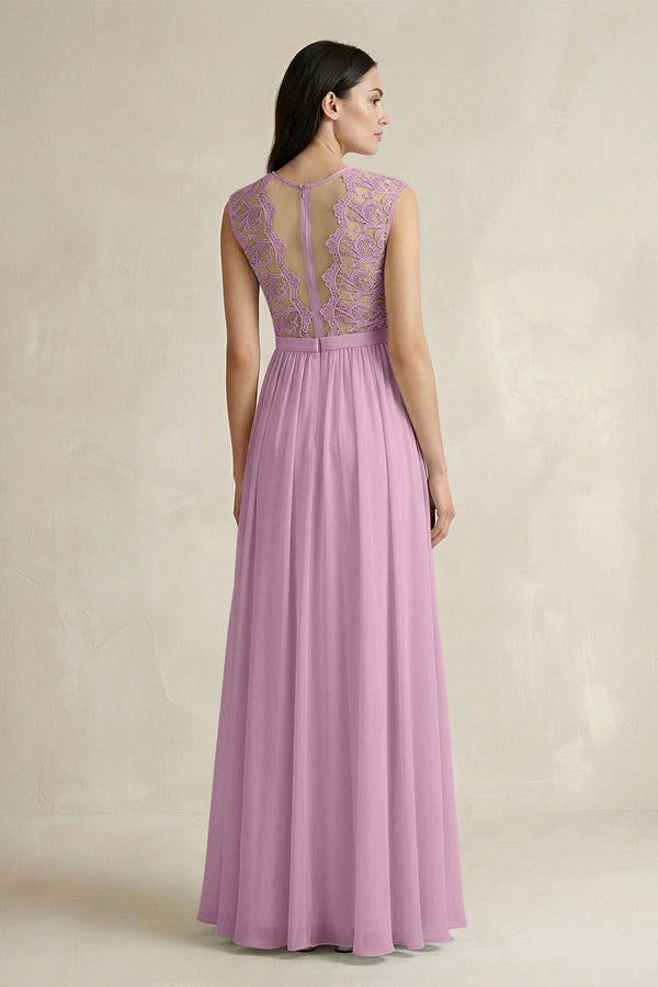 Lace Chiffon A - Line Round Neck Bridesmaid Dress in Wisteria - KissProm Bridesmaid Dresses
