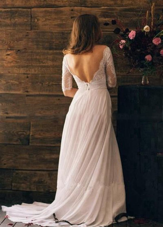 Elegant Lace Appliques Half Sleeves Chiffon Backless Boho Wedding Gowns