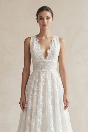 Lace Deep V - Neck A - Line Wedding Dress in White - KissProm Wedding Dresses