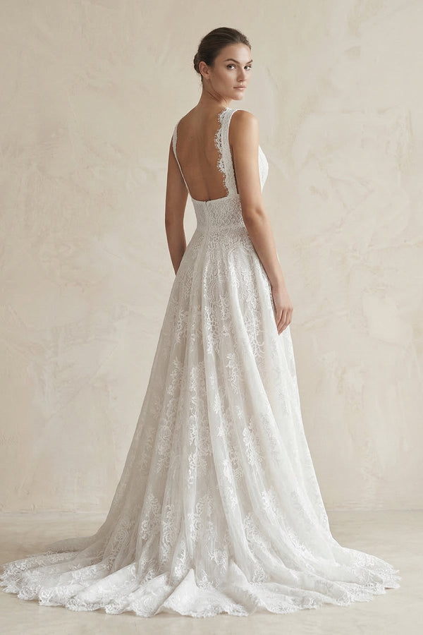 Lace Deep V - Neck A - Line Wedding Dress in White - KissProm Wedding Dresses