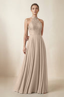 Lace Halter A - Line Chiffon Bridesmaid Dress in Almond - KissProm Bridesmaid Dresses