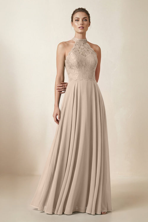 Lace Halter A - Line Chiffon Bridesmaid Dress in Almond - KissProm Bridesmaid Dresses