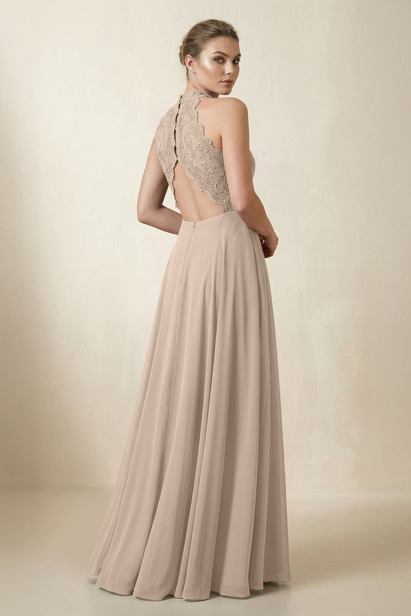 Lace Halter A - Line Chiffon Bridesmaid Dress in Almond - KissProm Bridesmaid Dresses