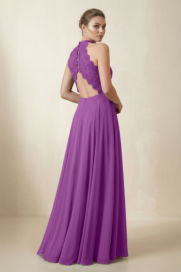 Lace Halter A - Line Chiffon Bridesmaid Dress in Amethyst - KissProm Bridesmaid Dresses