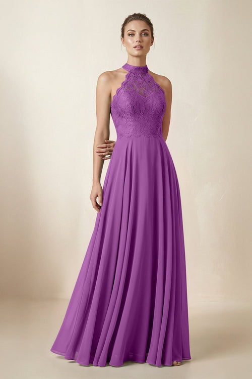 Lace Halter A - Line Chiffon Bridesmaid Dress in Amethyst - KissProm Bridesmaid Dresses