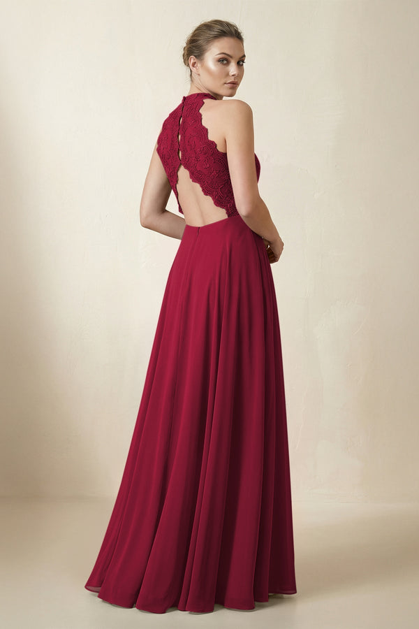 Lace Halter A - Line Chiffon Bridesmaid Dress in Berry - KissProm Bridesmaid Dresses