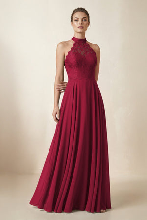 Lace Halter A - Line Chiffon Bridesmaid Dress in Berry - KissProm Bridesmaid Dresses