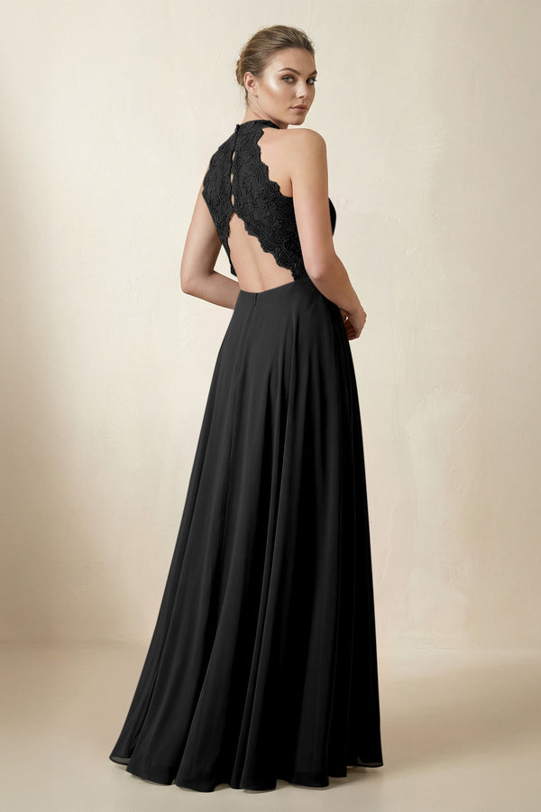 Lace Halter A - Line Chiffon Bridesmaid Dress in Black - KissProm Bridesmaid Dresses