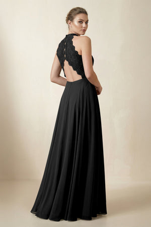 Lace Halter A - Line Chiffon Bridesmaid Dress in Black - KissProm Bridesmaid Dresses