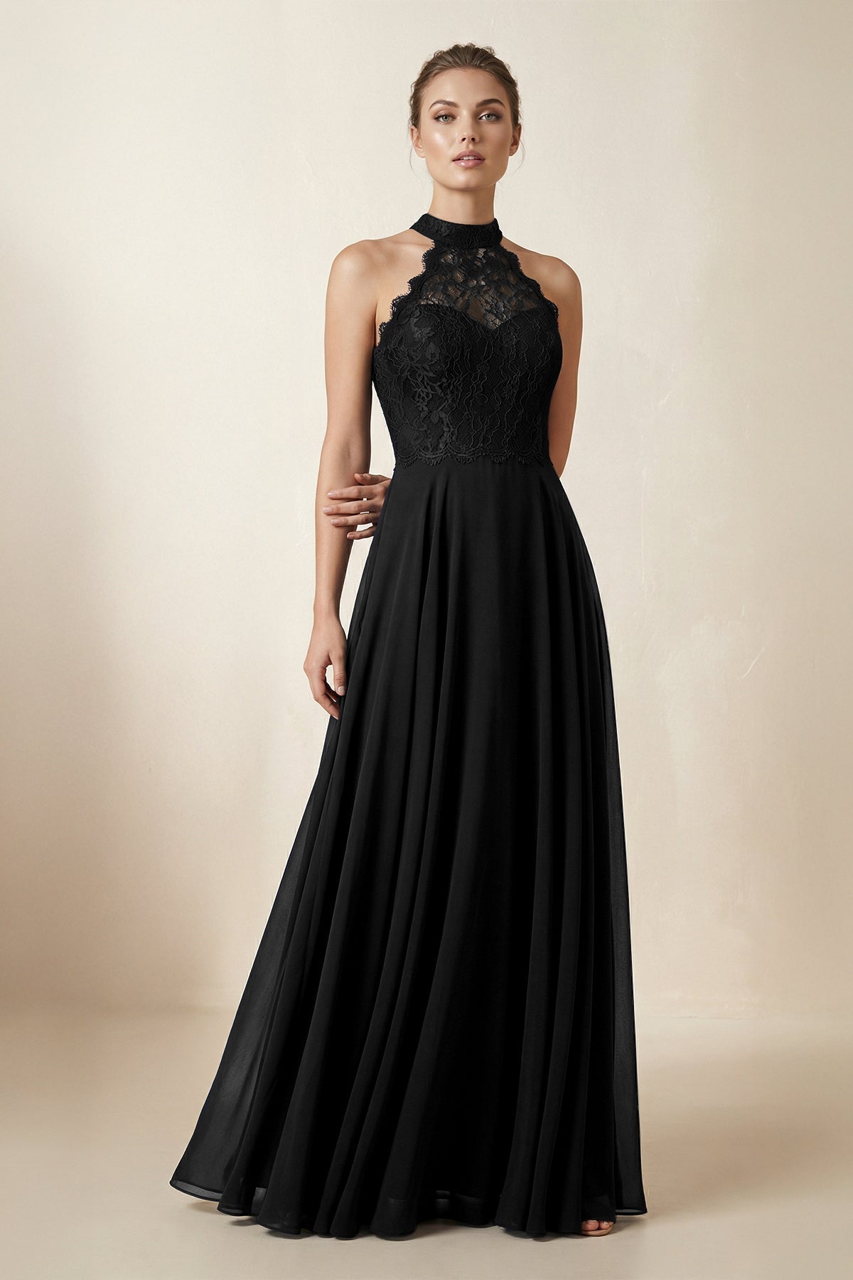 KissProm Lace Halter A-Line Chiffon Bridesmaid Dress in Black, Black / 0