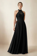 Lace Halter A - Line Chiffon Bridesmaid Dress in Black - KissProm Bridesmaid Dresses