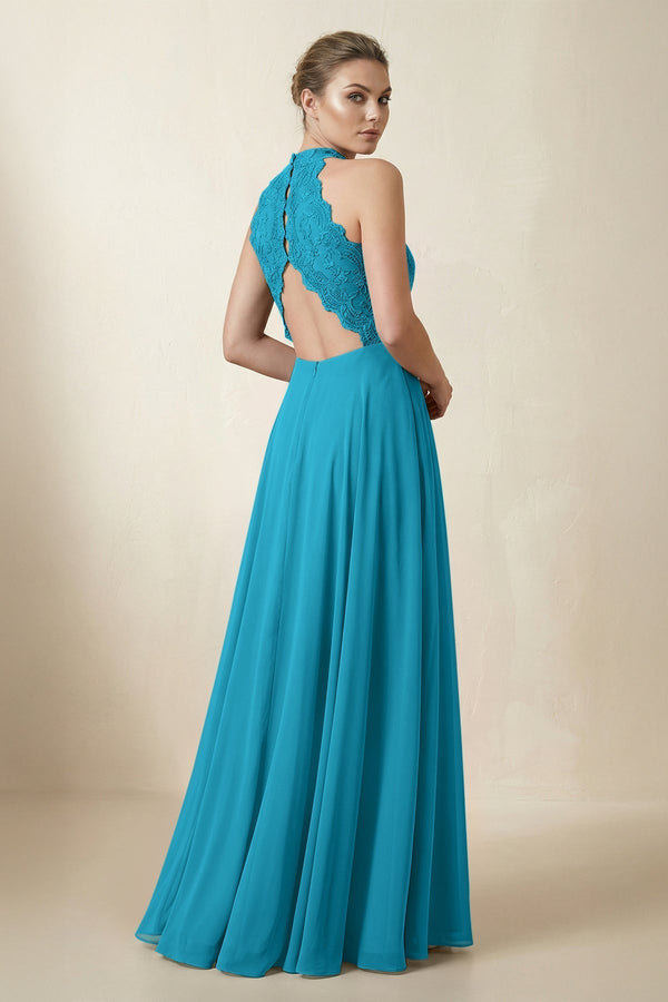 Lace Halter A - Line Chiffon Bridesmaid Dress in Blue Jay - KissProm Bridesmaid Dresses