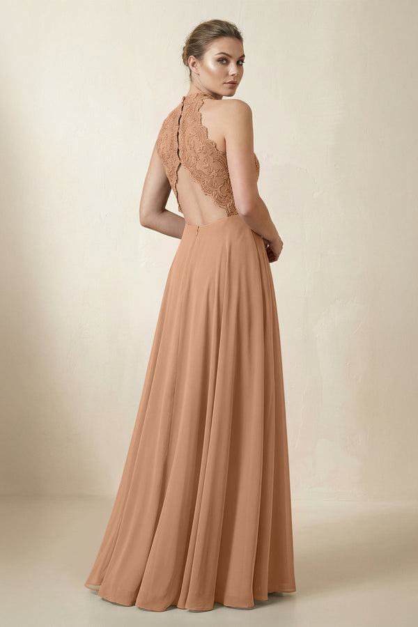 Lace Halter A - Line Chiffon Bridesmaid Dress in Bronzer - KissProm Bridesmaid Dresses