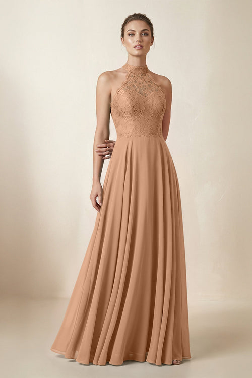 Lace Halter A - Line Chiffon Bridesmaid Dress in Bronzer - KissProm Bridesmaid Dresses