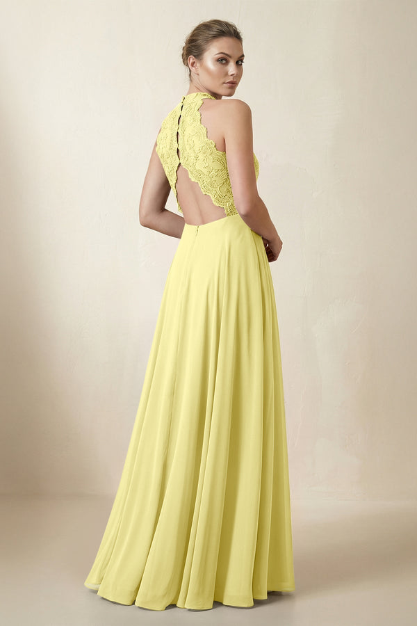 Lace Halter A - Line Chiffon Bridesmaid Dress in Buttercup - KissProm Bridesmaid Dresses