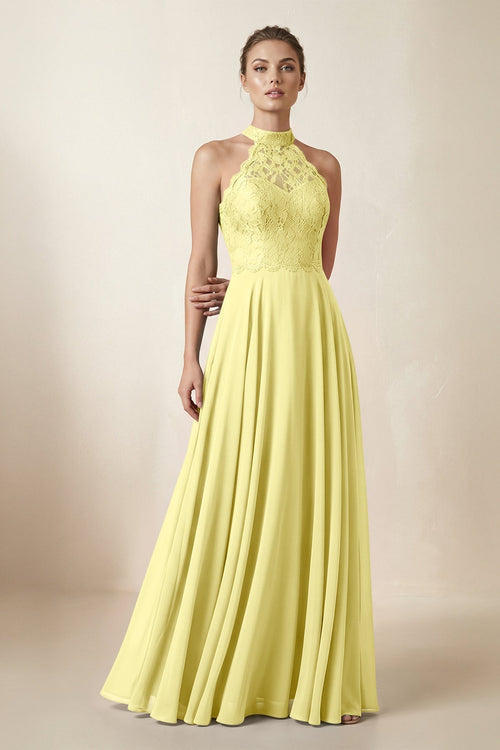 Lace Halter A - Line Chiffon Bridesmaid Dress in Buttercup - KissProm Bridesmaid Dresses