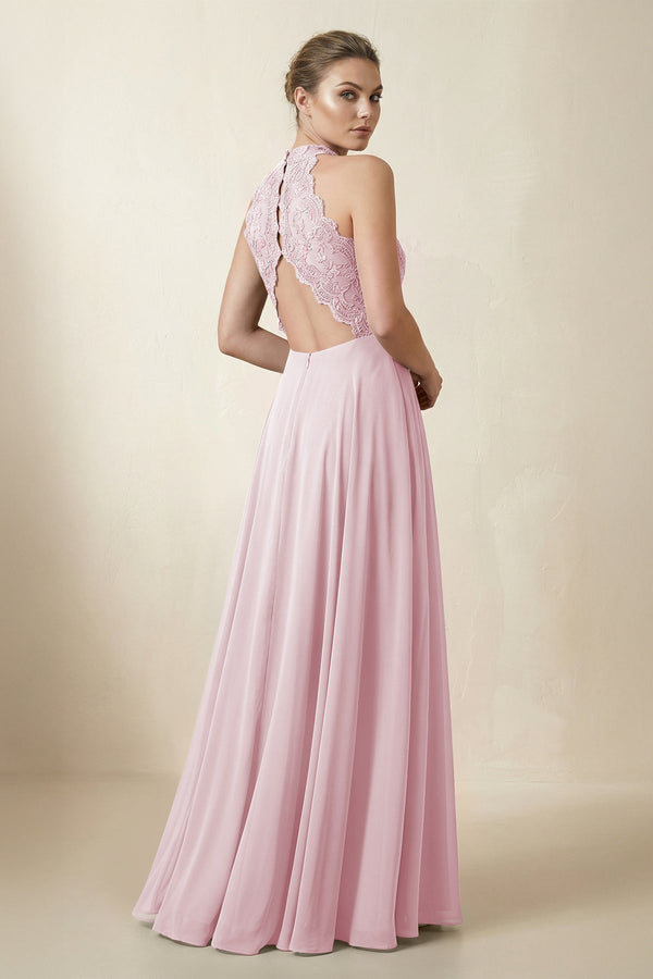 Lace Halter A - Line Chiffon Bridesmaid Dress in Candy Pink - KissProm Bridesmaid Dresses