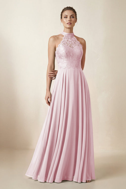 Lace Halter A - Line Chiffon Bridesmaid Dress in Candy Pink - KissProm Bridesmaid Dresses