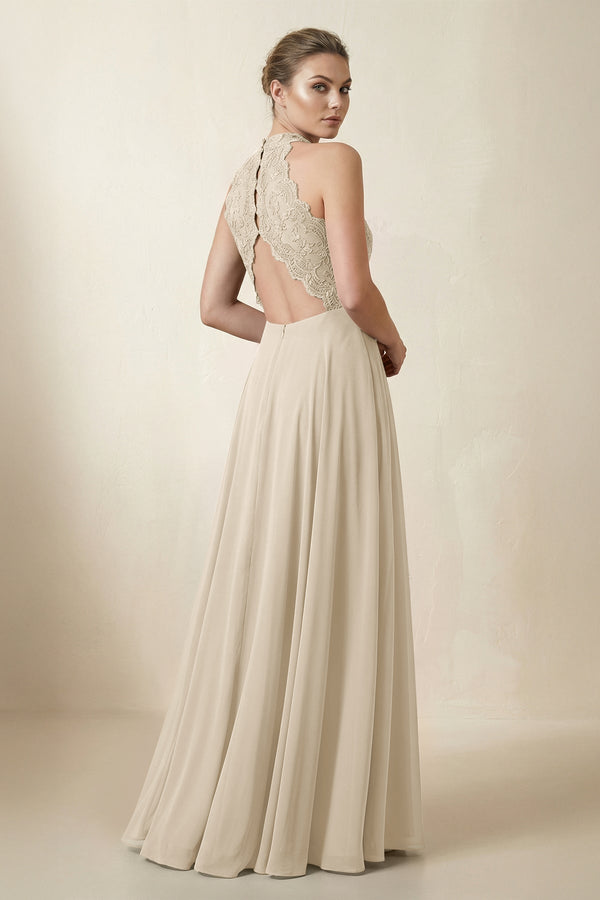 Lace Halter A - Line Chiffon Bridesmaid Dress in Champagne - KissProm Bridesmaid Dresses