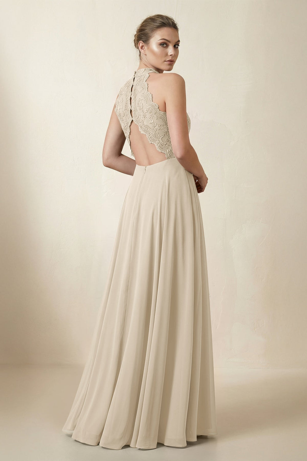 Lace Halter A - Line Chiffon Bridesmaid Dress in Champagne - KissProm Bridesmaid Dresses